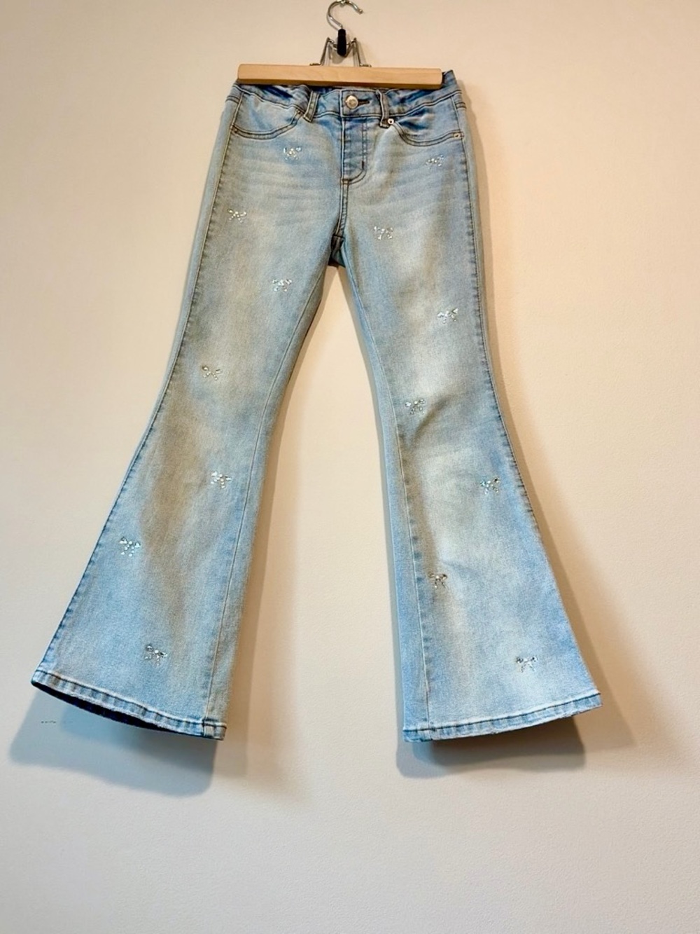 Girls' Light Blue Flared Jeans with Subtle Rhinestone Details